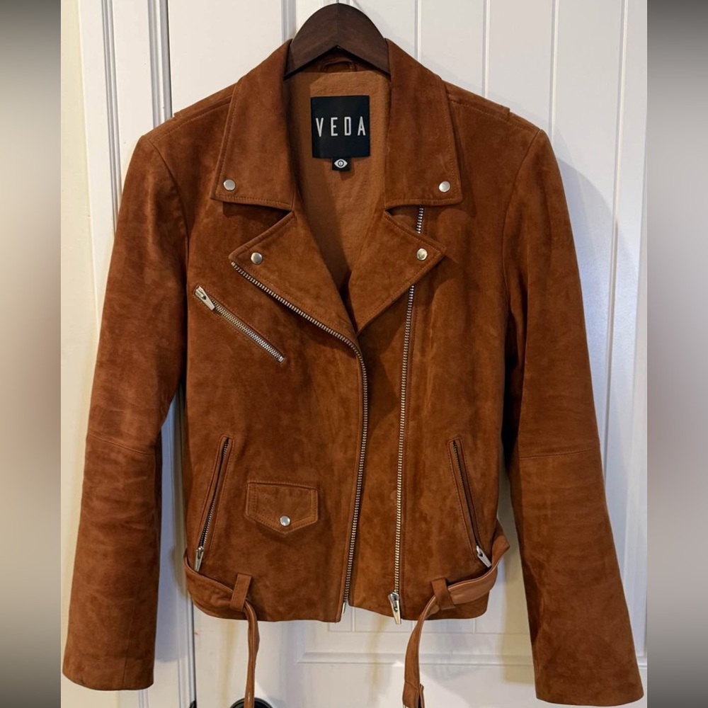 Veda Tan Suede Women's Leather Jacket as seen on actress